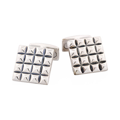 Polished Rhodium Plated Sterling Silver Square Cufflinks with Textured Grid Pattern