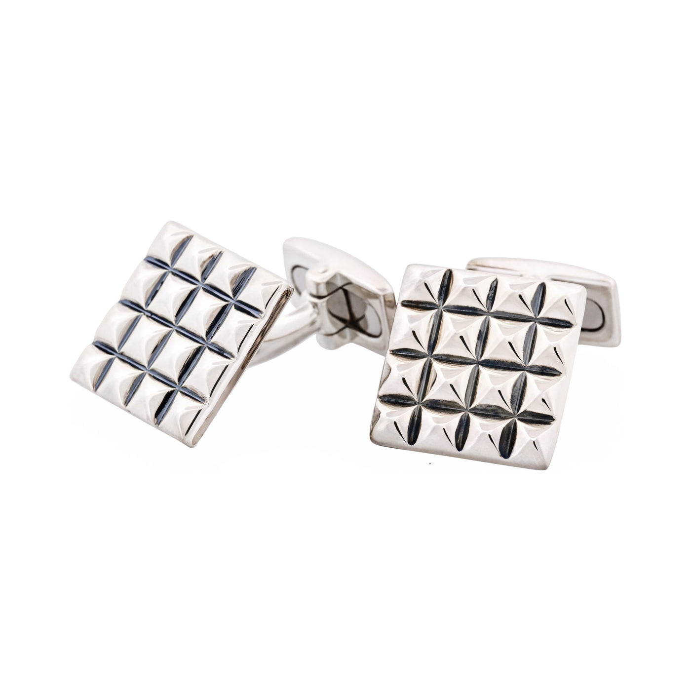 Polished Rhodium Plated Sterling Silver Square Cufflinks with Textured Grid Pattern