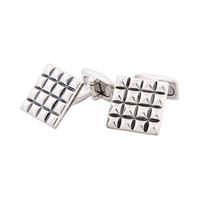 Polished Rhodium Plated Sterling Silver Square Cufflinks with Textured Grid Pattern