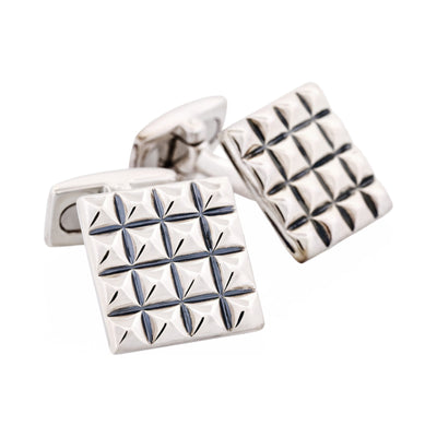 Polished Rhodium Plated Sterling Silver Square Cufflinks with Textured Grid Pattern