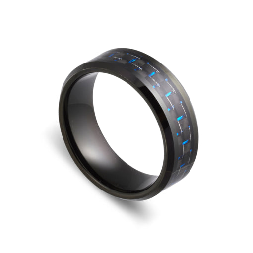 Tungsten carbide men’s ring with blue inlay and carbon fibre detail