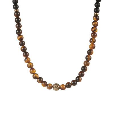 6mm Yellow Tiger Eye & Matt Agate &Ion Plated Gold Stretch Bead Neck Chain