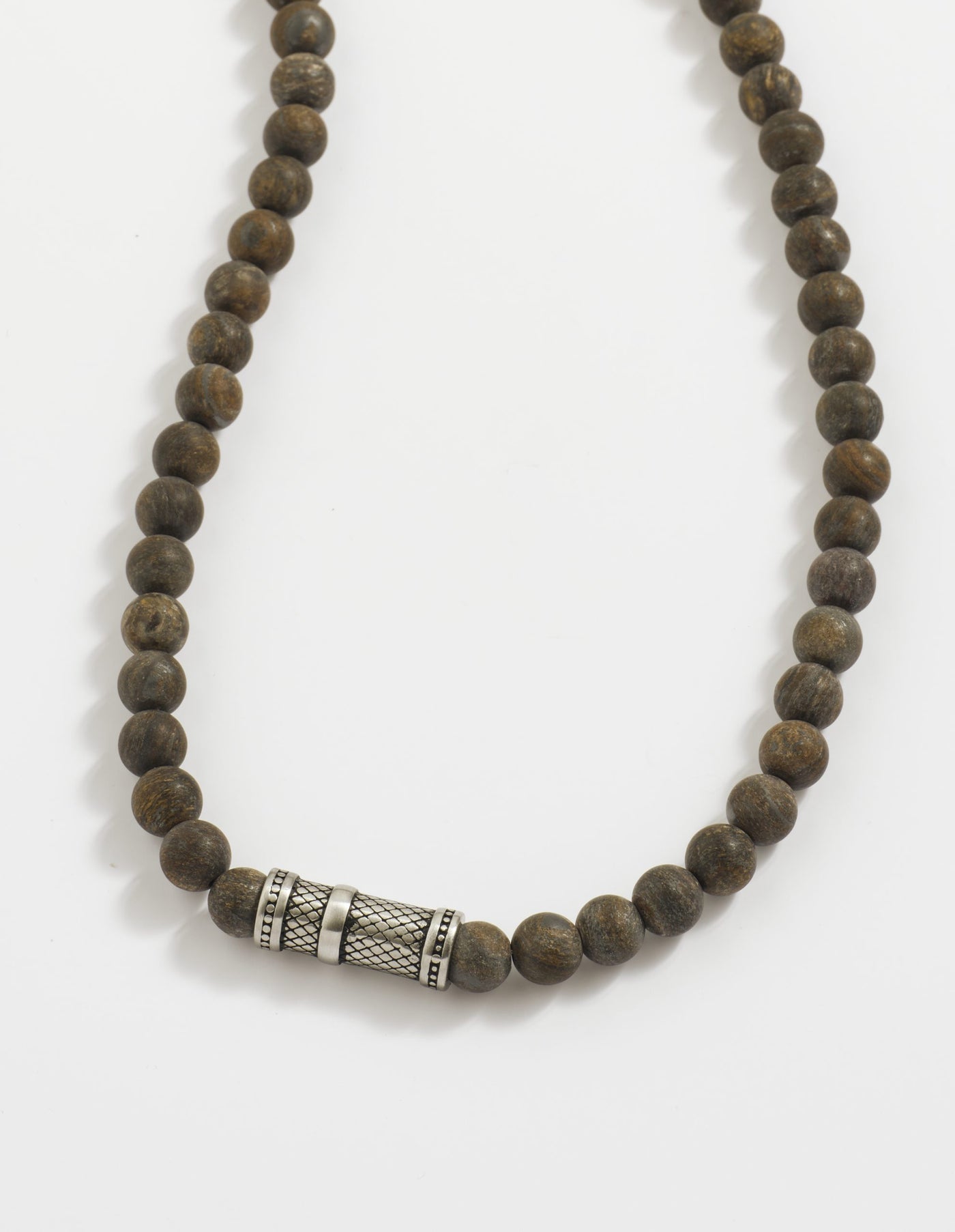 Bronzite Stone Necklace with Ion Plated Black Lattice Pattern Stainless Steel