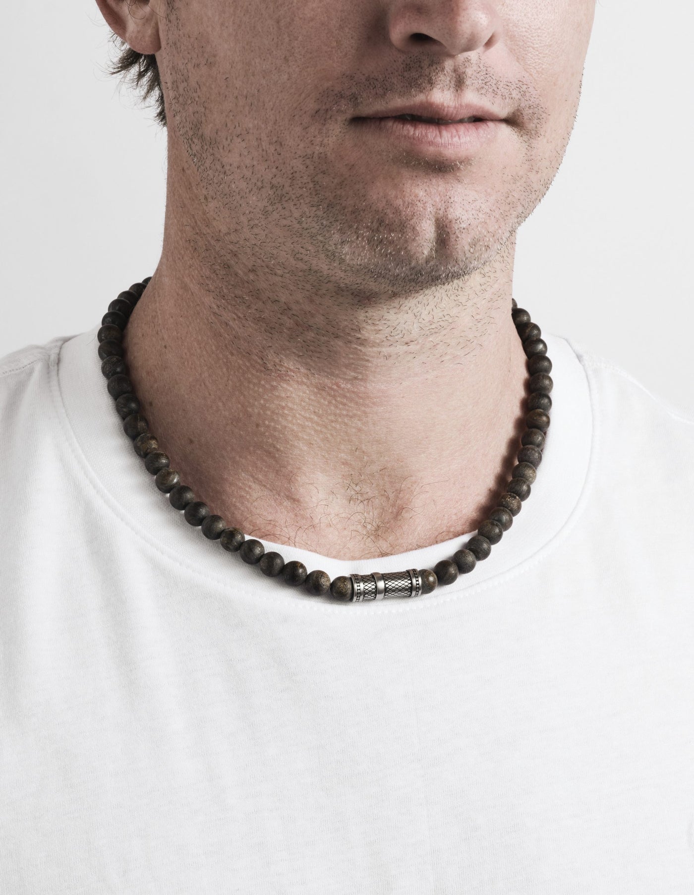 Bronzite Stone Necklace with Ion Plated Black Lattice Pattern Stainless Steel