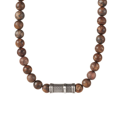 Bronzite Stone Necklace with Ion Plated Black Lattice Pattern Stainless Steel