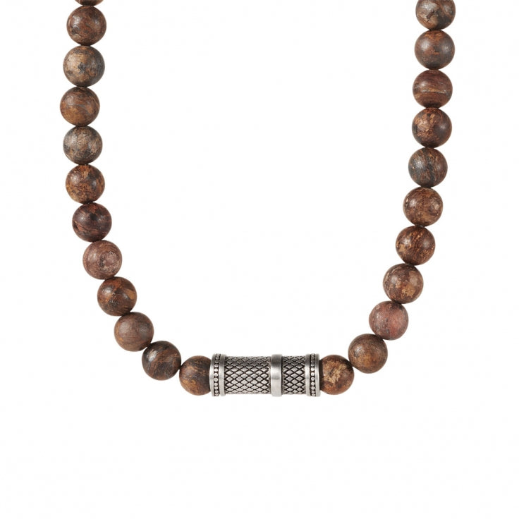 Bronzite Stone Necklace with Ion Plated Black Lattice Pattern Stainless Steel