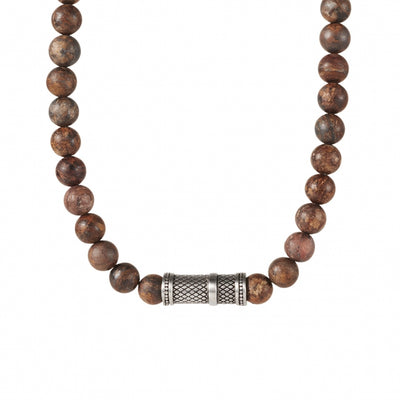 Bronzite Stone Necklace with Ion Plated Black Lattice Pattern Stainless Steel