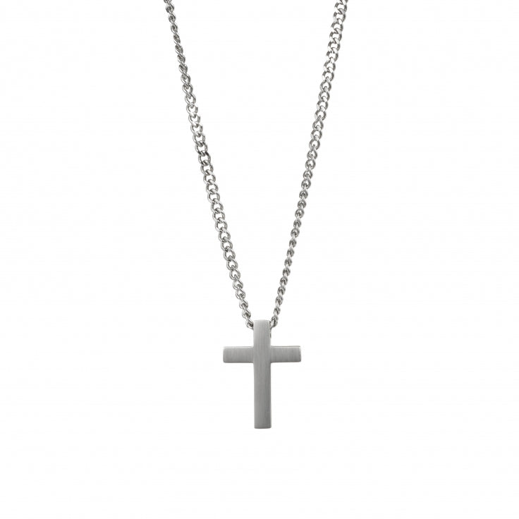 Small Brushed Stainless Steel Cross Pendant on Curb Link Chain