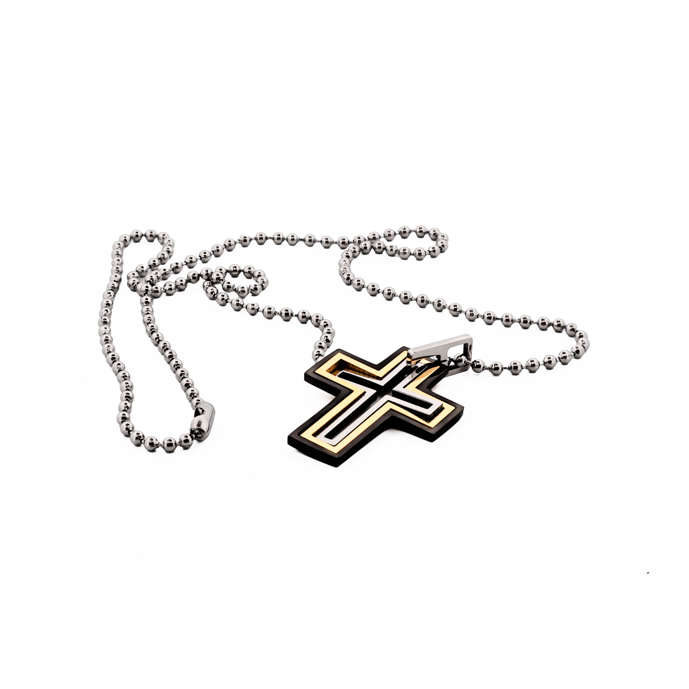 Ion Plated Gold & Black Stainless Steel Cut -Out Cross Pendant on Ball Chain