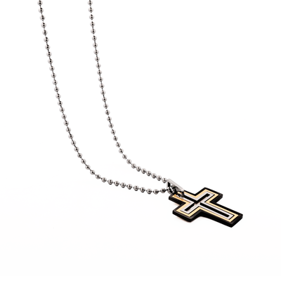 Ion Plated Gold & Black Stainless Steel Cut -Out Cross Pendant on Ball Chain