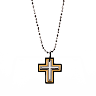Ion Plated Gold & Black Stainless Steel Cut -Out Cross Pendant on Ball Chain