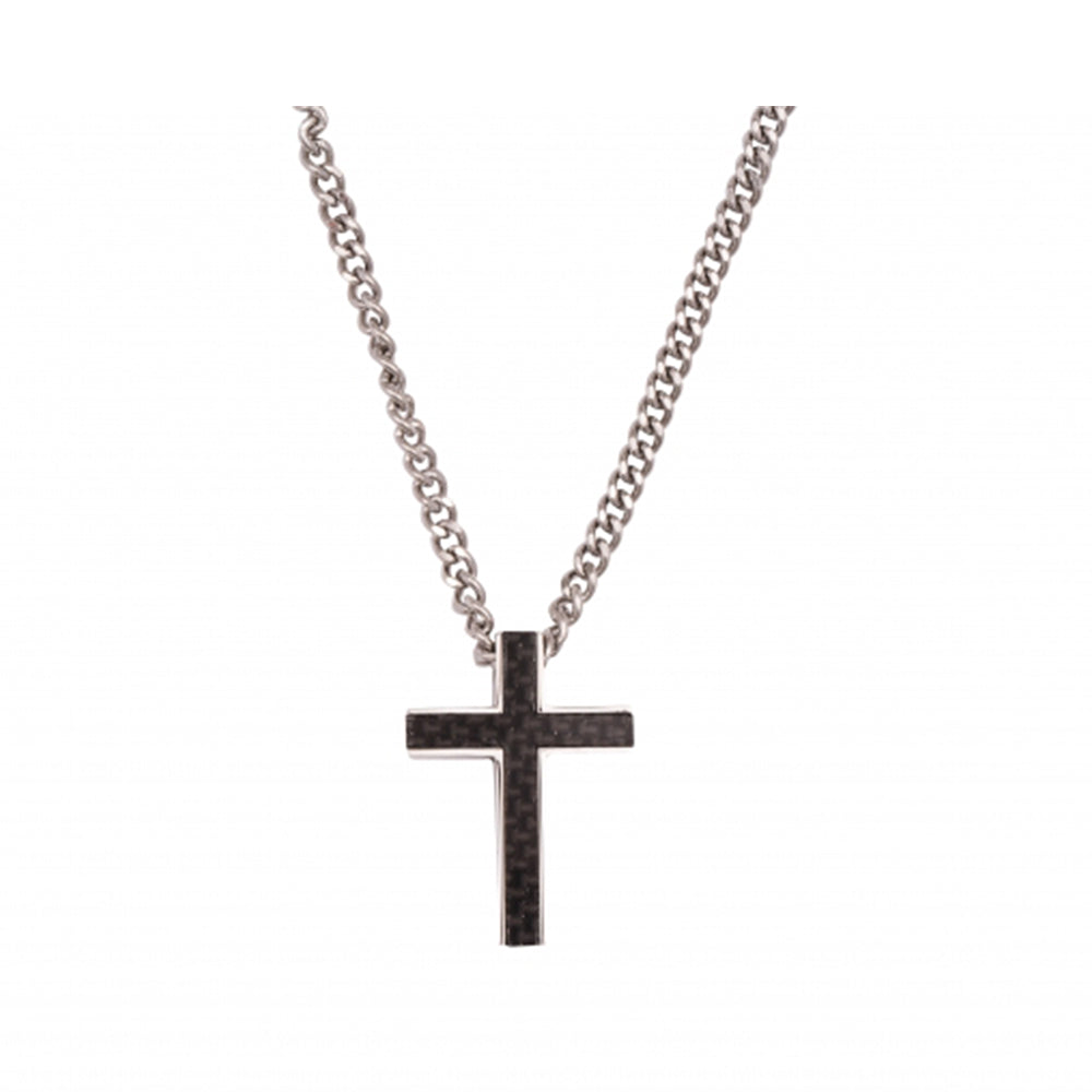 Stainless Steel & Carbon Fibre Cross Pendant on Curbed Link Chain