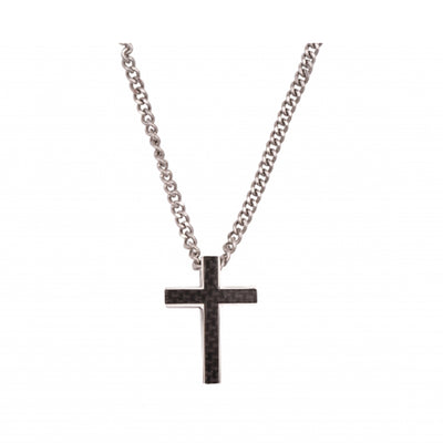 Stainless Steel & Carbon Fibre Cross Pendant on Curbed Link Chain