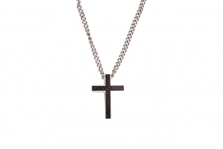 Stainless Steel & Carbon Fibre Cross Pendant on Curbed Link Chain