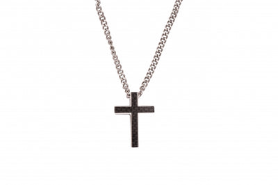 Stainless Steel & Carbon Fibre Cross Pendant on Curbed Link Chain