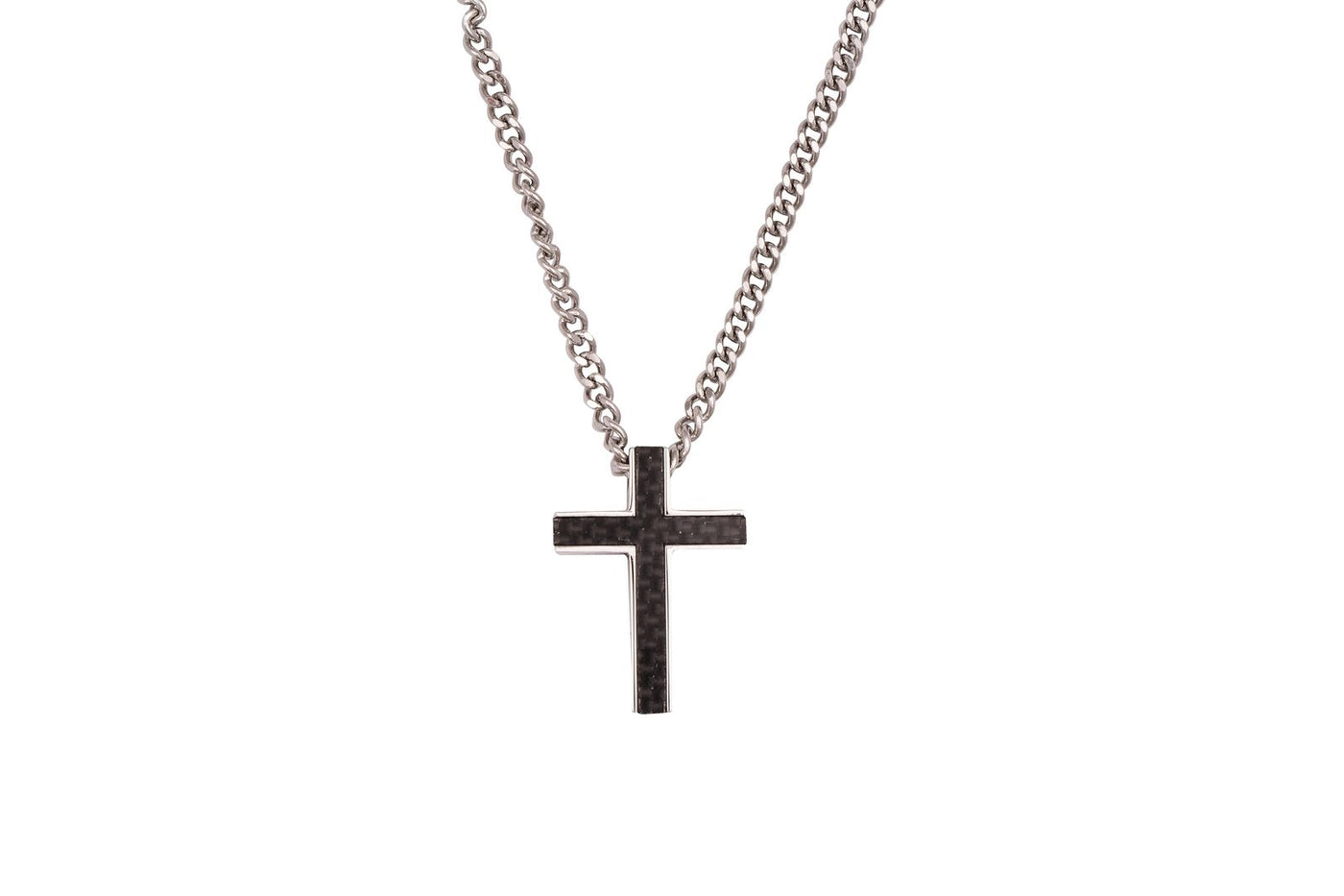 Stainless Steel & Carbon Fibre Cross Pendant on Curbed Link Chain