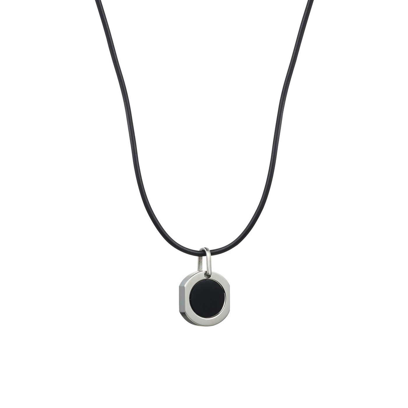 Polished Stainless Steel & Onyx Round Pendant on Chain