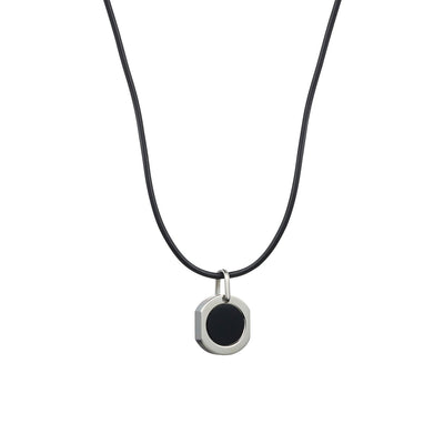 Polished Stainless Steel & Onyx Round Pendant on Chain