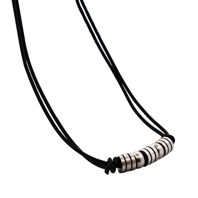 Stainless Steel Black Striped Beaded & Leather Neck Chain