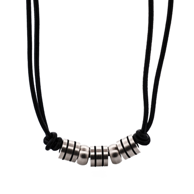 Stainless Steel Black Striped Beaded & Leather Neck Chain