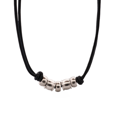 Brushed Stainless Steel Bead Pendant on Leather Chain