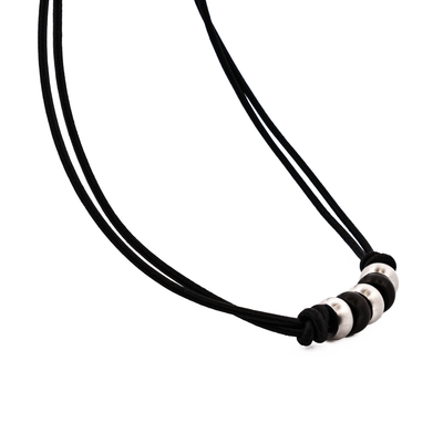 Steel IP Black Beaded/Leather Pendant