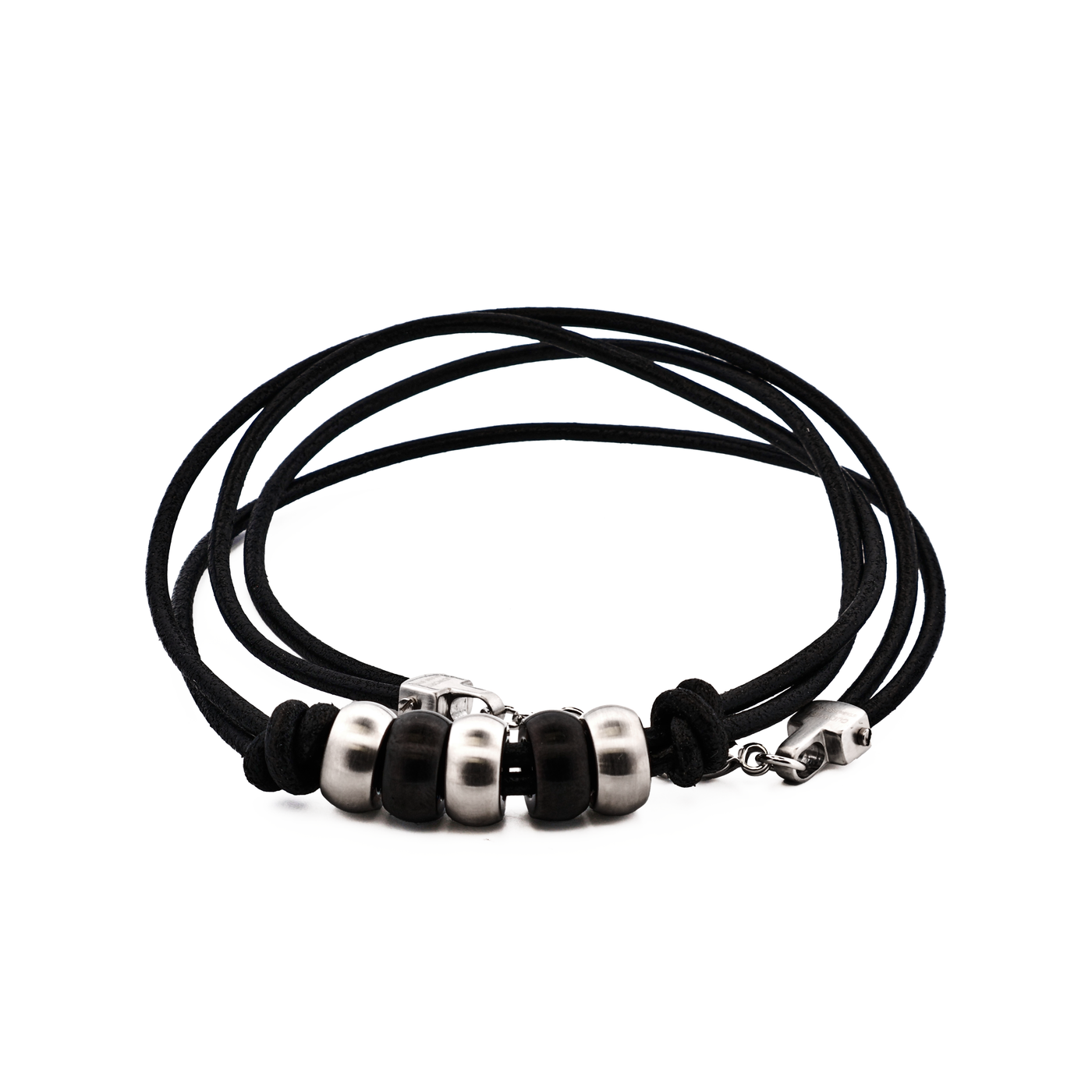 Steel IP Black Beaded/Leather Pendant