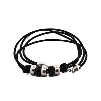 Steel IP Black Beaded/Leather Pendant