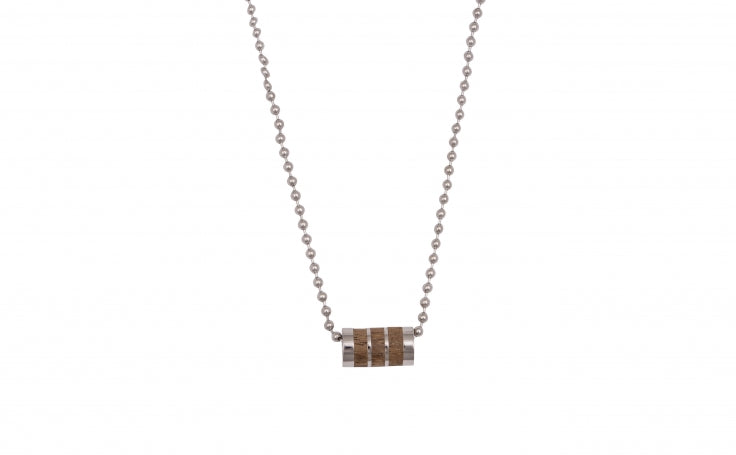 Polished Stainless Steel & Wood Inlay Bead Pendant on Ball Chain
