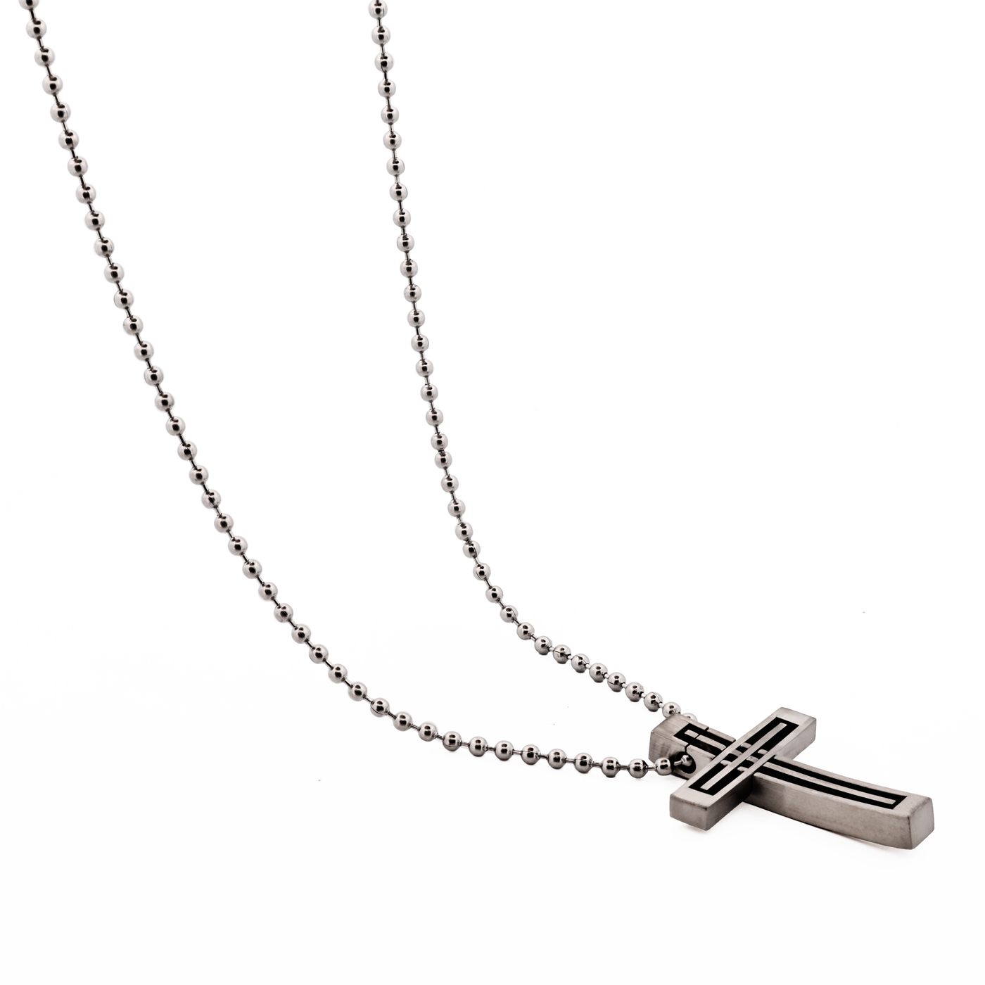 Stainless Steel Striped Cross Pendant & Ball Chain 55cm