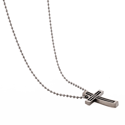 Stainless Steel Striped Cross Pendant & Ball Chain 55cm