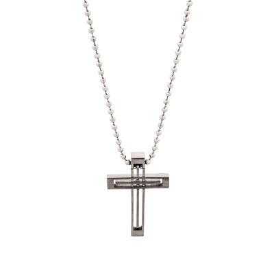 Stainless Steel Striped Cross Pendant & Ball Chain 55cm