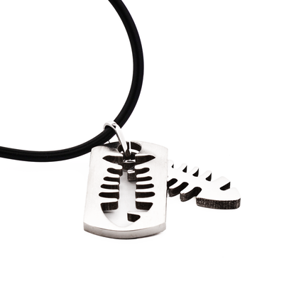 Brushed Stainless Steel Pendant with Cutout Fish Pattern on Rubber Chain