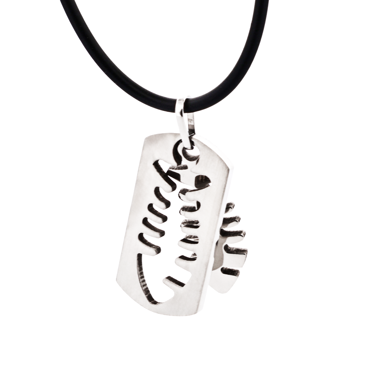 Brushed Stainless Steel Pendant with Cutout Fish Pattern on Rubber Chain