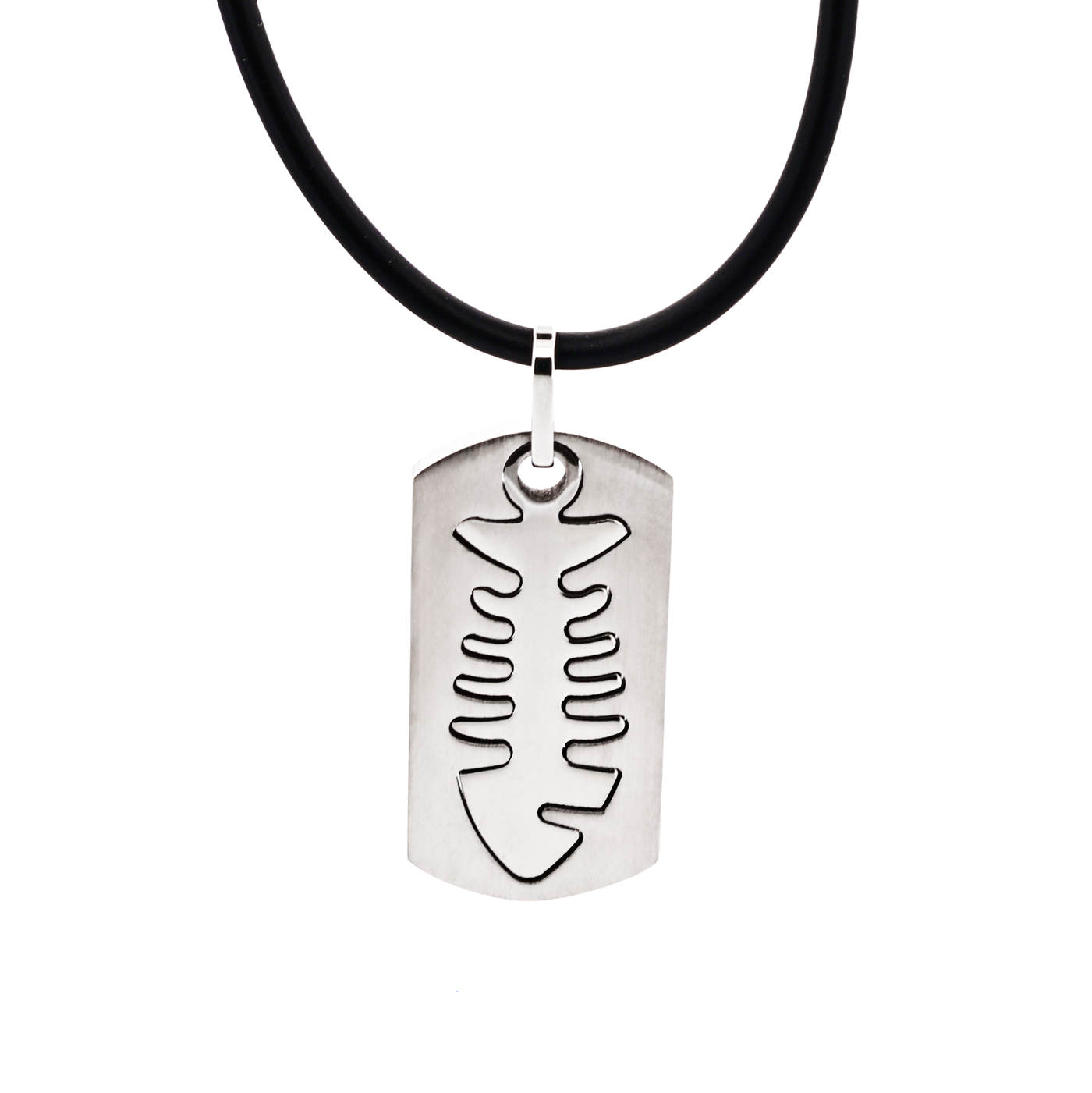 Brushed Stainless Steel Pendant with Cutout Fish Pattern on Rubber Chain