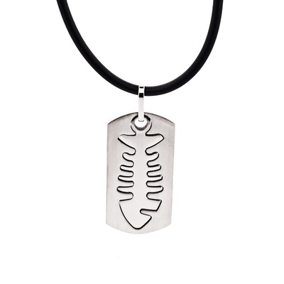 Brushed Stainless Steel Pendant with Cutout Fish Pattern on Rubber Chain