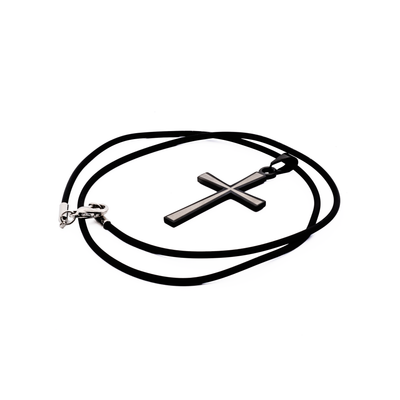 Stainless Steel & Black Cross Pendant on Rubber Chain