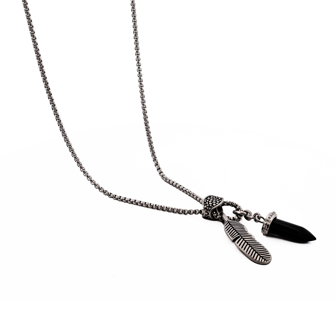 Antique Stainless Steel - Agate Bullet & Feather Pendant on Box Chain