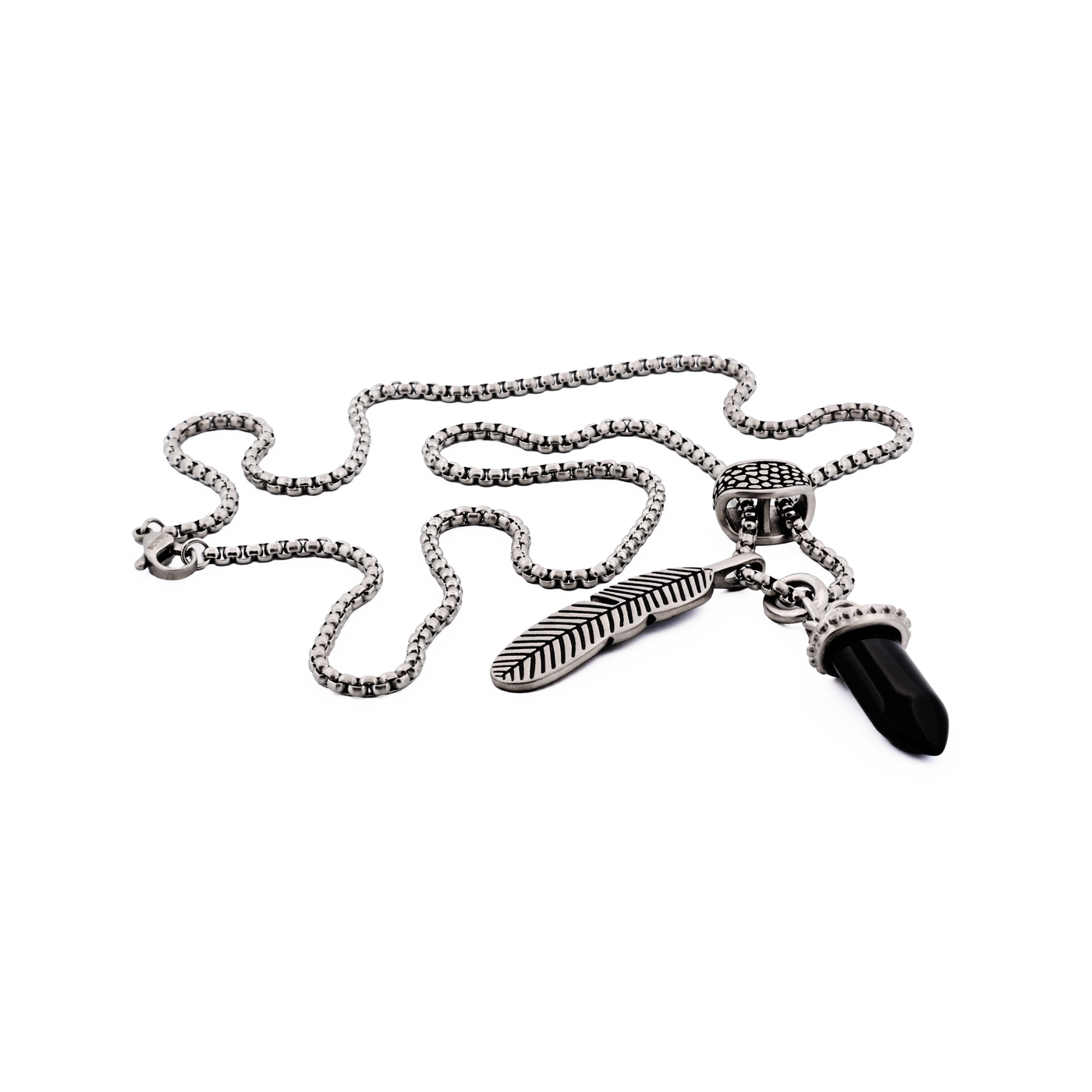 Antique Stainless Steel - Agate Bullet & Feather Pendant on Box Chain