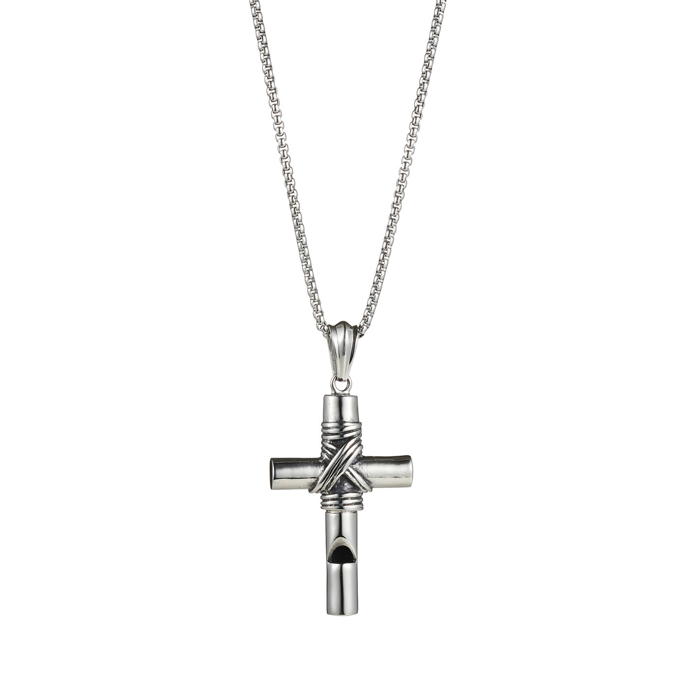 Stainless Steel & Wired Cross with Whistle - 60cm Box Chain