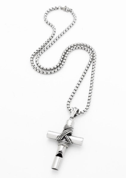 Stainless Steel & Wired Cross with Whistle - 60cm Box Chain