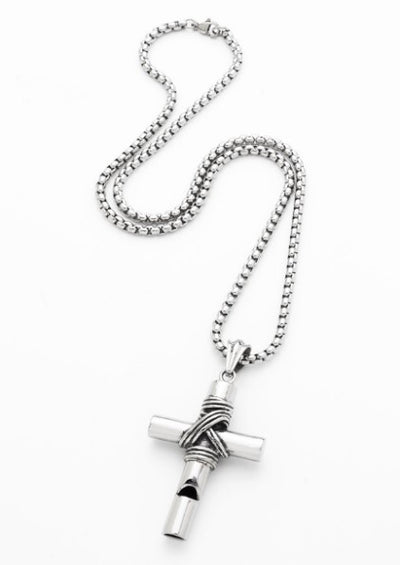 Stainless Steel & Wired Cross with Whistle - 60cm Box Chain