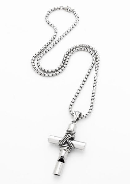 Stainless Steel & Wired Cross with Whistle - 60cm Box Chain