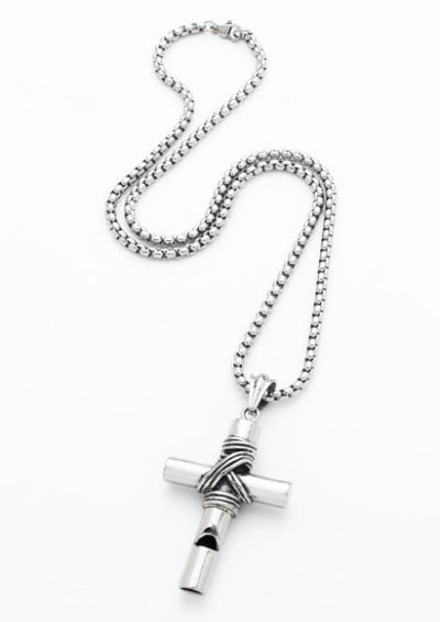 Stainless Steel & Wired Cross with Whistle - 60cm Box Chain