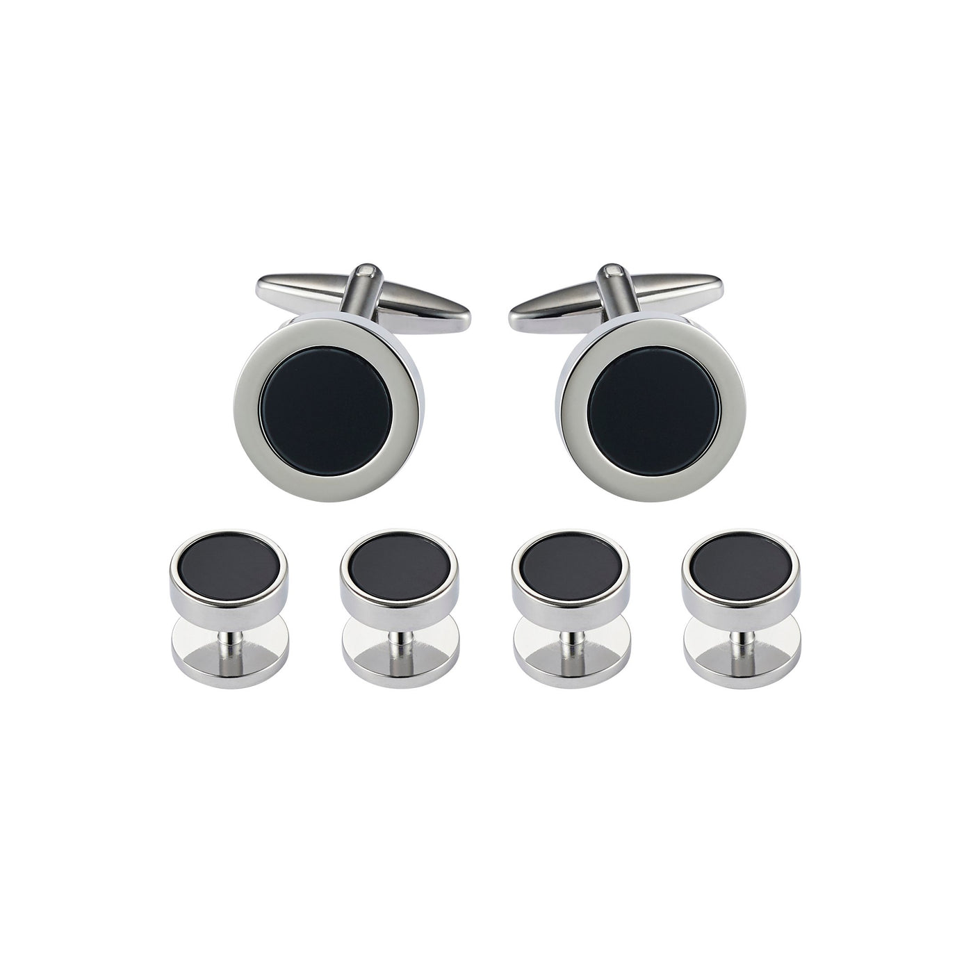 Cufflinks & Dress Studs: Round, Rhodium Plated + Black Inlay (201-21 + 405-21R, set 6)