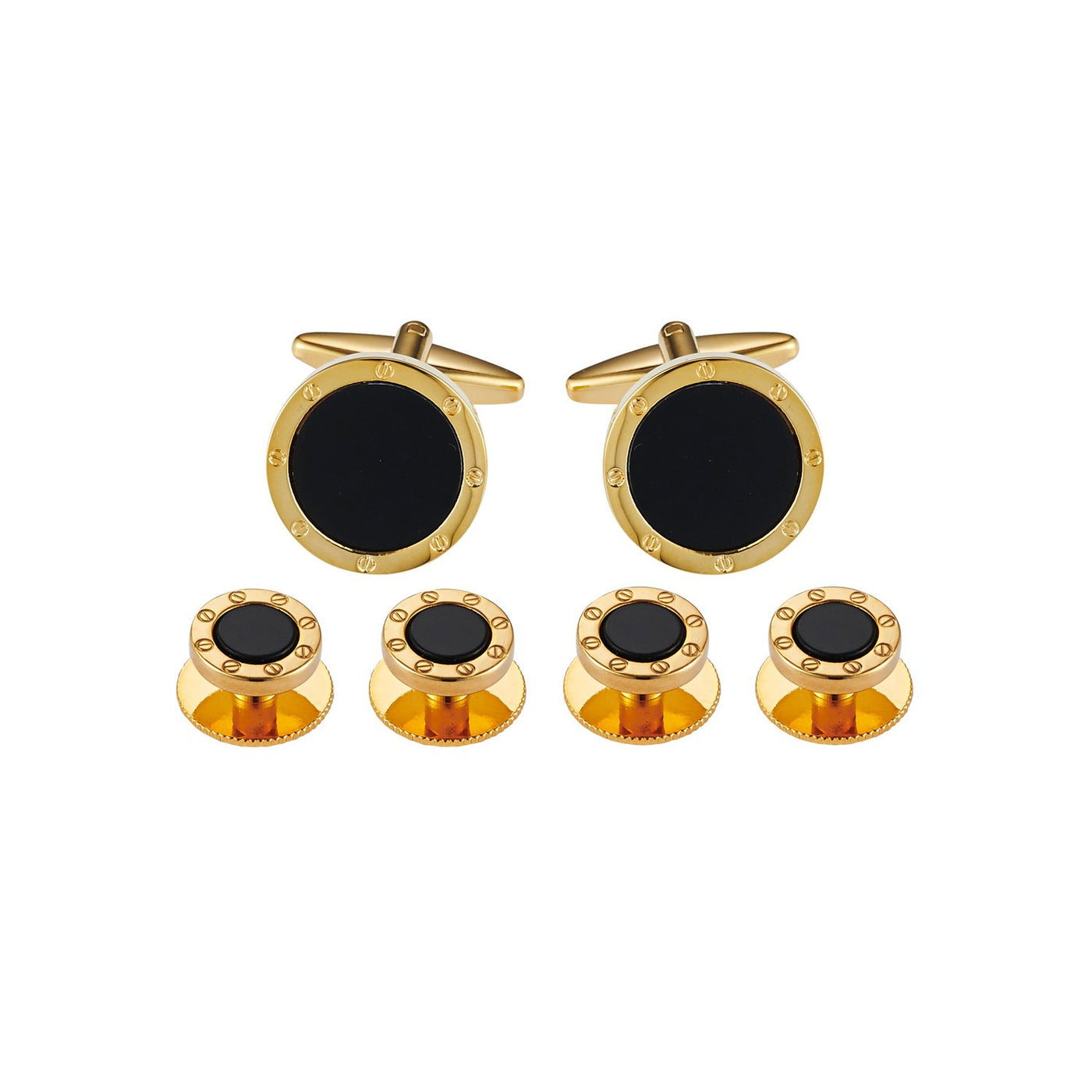 Cufflinks & Dress Studs: Round Screw Design, Gold Plated + Onyx Inlay (240-21 + 405-57, set 6)
