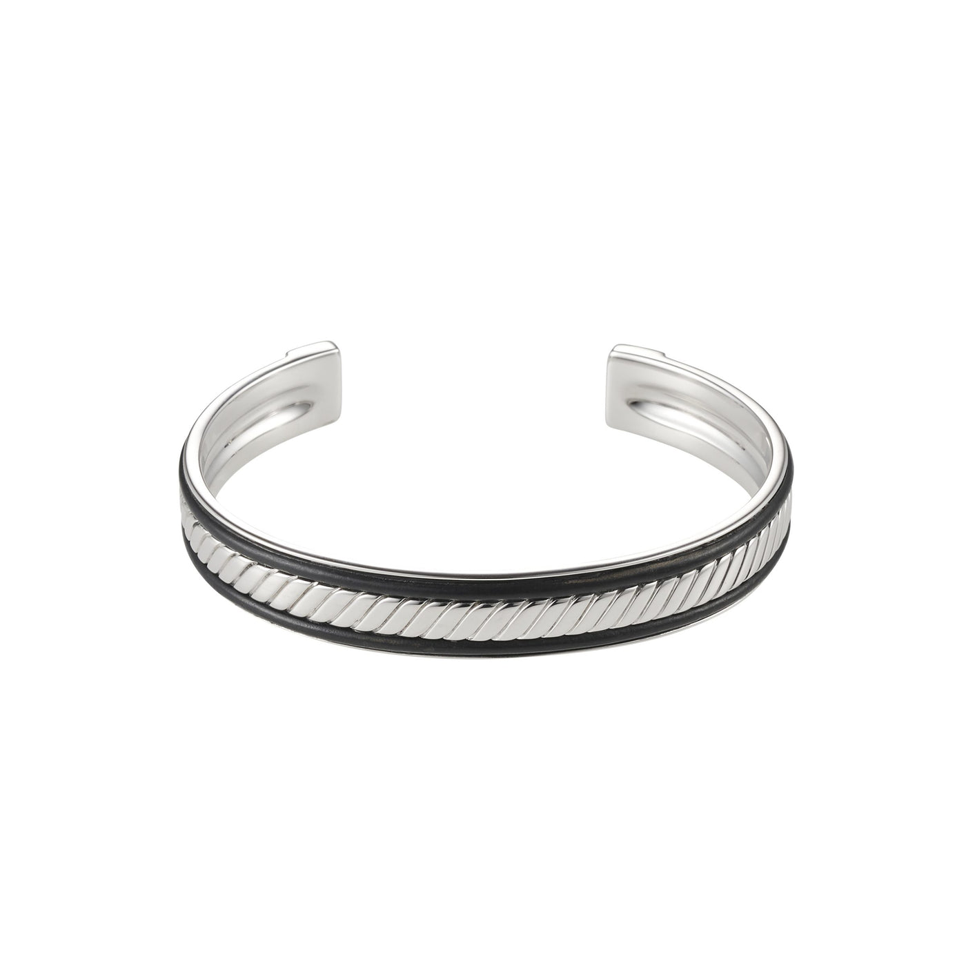 Rhodium Plated Sterling Silver, Leather Trim Cuff/Bangle