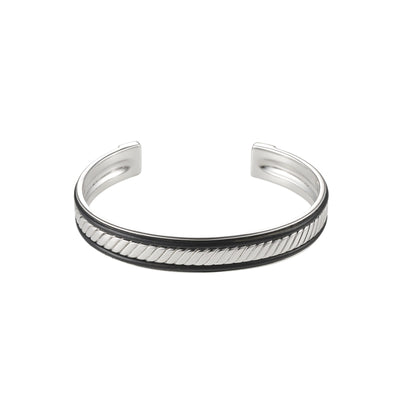 Rhodium Plated Sterling Silver, Leather Trim Cuff/Bangle