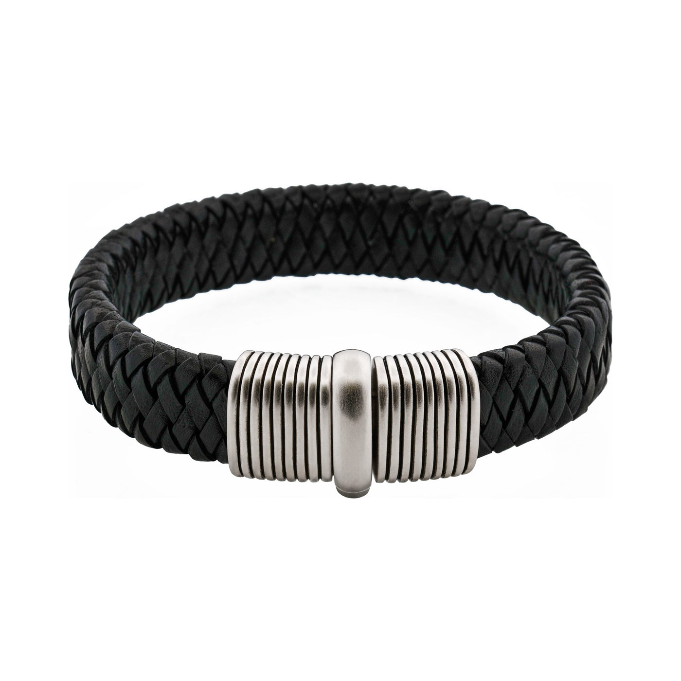 Black Woven Leather Bracelet with Brushed Rhodium Plated Sterling Silver Clasp