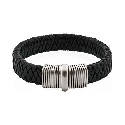 Black Woven Leather Bracelet with Brushed Rhodium Plated Sterling Silver Clasp